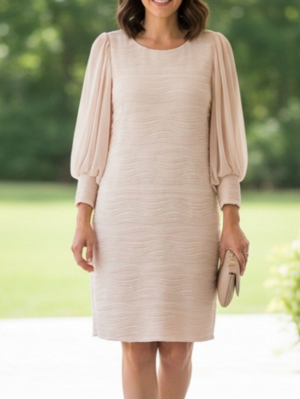 Just Taylor Light Blush Shift Dress with Sheer Long Sleeves